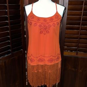 NWOT Gimmicks by BKE Rust colored beaded dress with lace and fringe accents szS